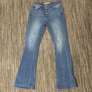 Kancan Womens Size 9/28 Petite Button Fly Flare Leg Denim Jeans Blue Stretch